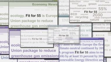 Pop up windows with Fit for 55 green deal reduce the greenhouse gas emissions on computer screen. Abstract concept of news titles across media. Seamless and looped display animation.
