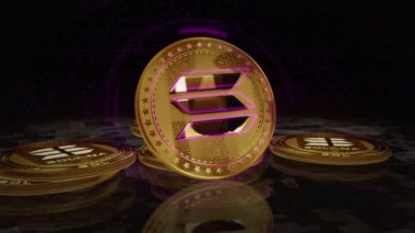 Solana SOL ahır bozuk para kripto altın para dönüyor. Kamera 3 boyutlu metal parlaklıklar etrafında döner. Fintech, çevrimiçi ödeme ve dijital işlem soyut kavramı.