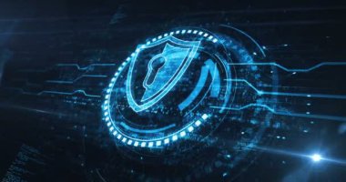 Cyber security, network protection and digital data with shield symbol digital concept. Network, cyber technology and computer background abstract 3d animation. Seamless and loopable.
