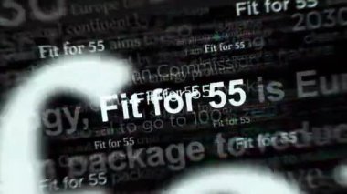 Headline news across international media with Fit for 55 green deal reduce the greenhouse gas emissions. Abstract concept of news titles on noise displays loop. TV glitch effect seamless and looped.