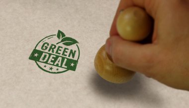 Green Deal damgası ve damgalı el. 55 kişilik Avrupa Uyumu ve sera gazı emisyon kavramını azaltma.