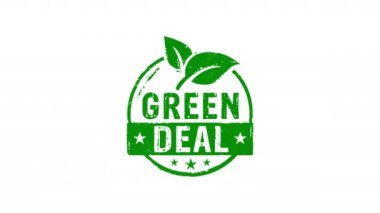 Green Deal damgası ve el damgası darbesi izole edilmiş animasyon. 55 kişilik Avrupa Uyumu ve sera gazı emisyonlarını 3 boyutlu olarak azaltmak. Alfa mat kanalı.