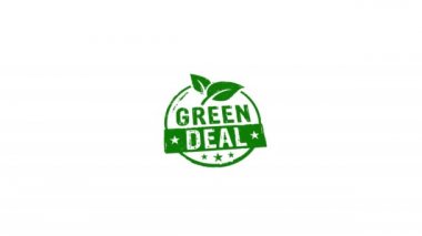 Green Deal stamp and hand stamping impact isolated animation. European Fit for 55 and reduce the greenhouse gas emissions 3D rendered concept. Alpha matte channel.
