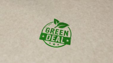 Green Deal damgası ve el damgası çarpışma animasyonu. 55 kişilik Avrupa Uyumu ve sera gazı emisyonlarını 3 boyutlu hale getirme kavramı.