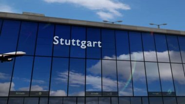 Plane landing at Stuttgart, Germany 3D. Arrival in the city with the glass airport terminal and reflection of the jet aircraft. Travel, business, tourism and transport 3D concept.