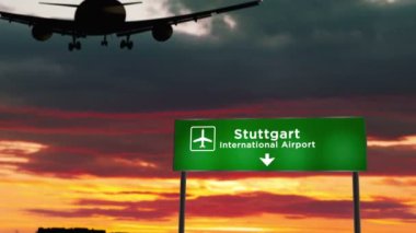 Airplane silhouette landing in Stuttgart, Germany. City jet plane arrival with airport direction signboard and sunset in background. Travel, trip and transportation 3d concept.