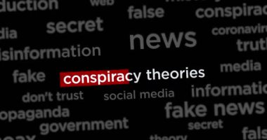 News titles across international web media with Conspiracy theories, hoax theory and fake news search. Abstract concept of internet headline information on dynamic displays animation.