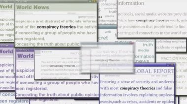 Pop up windows with Conspiracy theories, hoax theory and fake news on computer screen. Abstract concept of news titles across media. Seamless and looped display animation.