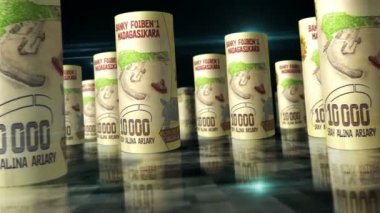 Madagaskar parası Malagasy Ariary ruloları 3D animasyon döngüsü. Masada para var. Kusursuz ve döngüsüz soyut ekonomi, finans, iş ve durgunluk kavramı. MGA bankaları arasındaki kamera.