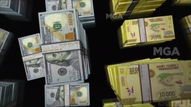 American Dollar and Madagascar Ariary money exchange. Banknotes pack bundle. Concept of trade, economy, competition, crisis, banking and finance. Notes loopable seamless 3d.