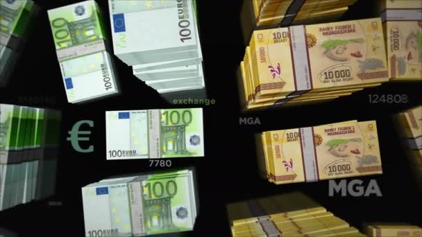 Euro Madagascar Ariary Money Exchange Paper Banknotes Pack Bundle Concept — Αρχείο Βίντεο