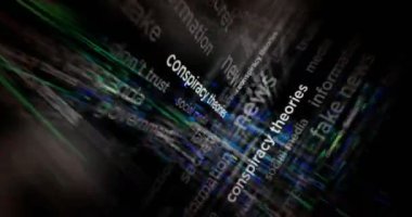 Headline news titles across media with Conspiracy theories, hoax theory and fake news. Abstract concept displays loop. Flight between screens with glitch effect seamless and looped 3d.