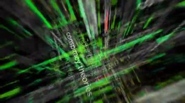 Headline news titles across media with Conspiracy theories, hoax theory and fake news. Abstract concept displays loop. Flight between screens with glitch effect seamless and looped 3d.