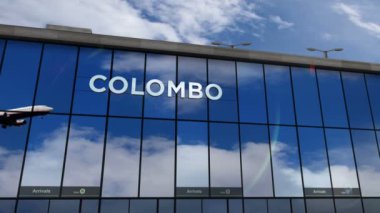 Plane landing at Colombo, Sri Lanka 3D. Arrival in the city with the glass airport terminal and reflection of the jet aircraft. Travel, business, tourism and transport 3D concept.