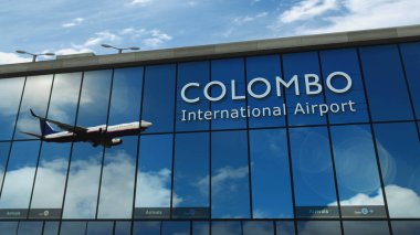 Aircraft landing at Colombo, Sri Lanka 3D rendering illustration. Arrival in the city with the glass airport terminal and reflection of jet plane. Travel, business, tourism and transport.