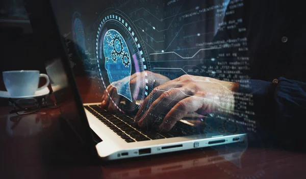Artificial Intelligence Technology Deep Learning Symbol Man Typing Computer Keyboard — Foto de Stock