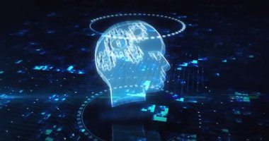 Artificial intelligence technology AI and deep learning hologram symbol appears on a digital background. Network, cyber technology and computer abstract concept 3d animation.