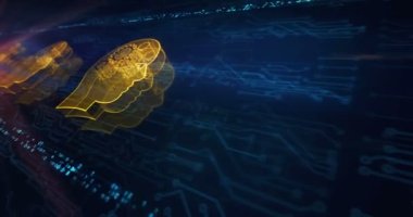 Artificial intelligence technology AI and deep learning hologram symbol appears on a electronic circuit background. Computer network, cyber technology abstract concept 3d seamless loop animation.