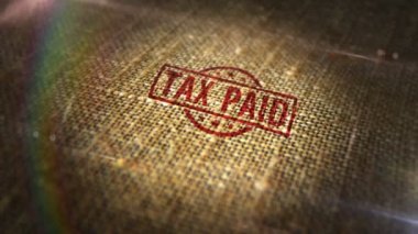 Tax paid sign stamp on natural linen sack. Business taxes and income taxation 3D rendered design abstract concept. Looped and seamless animation.