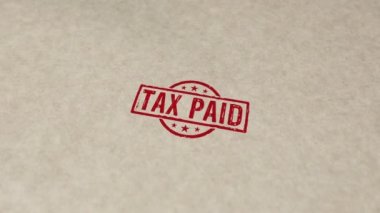 Tax paid stamp and hand stamping impact animation. Business taxes and income taxation 3D rendered concept.