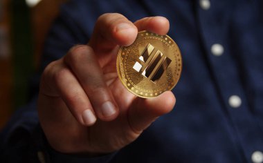 Binance BUSD stablecoin cryptocurrency golden coin in hand abstract concept 3d illustration