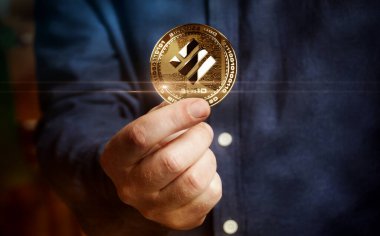 Binance BUSD stablecoin cryptocurrency golden coin in hand abstract concept 3d illustration