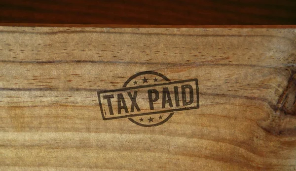 Φορολογική Σφραγίδα Τυπωμένη Ξύλινο Κουτί Έννοια Των Φόρων Επιχειρήσεων Και — Φωτογραφία Αρχείου