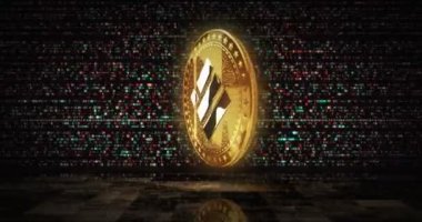 Binance BUSD stablecoin cryptocurrency gold coin on digital screen loopable background. Rotating golden metal looping abstract concept. 3D loop seamless animation.