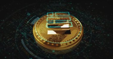 Binance BUSD stablecoin cryptocurrency golden coin turning. camera rotates around the 3D metal glow coins. Fintech, online payment and digital transaction abstract concept.