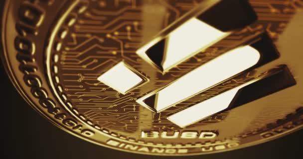 Binance Busd Stablecoin Cryptocurrency Golden Coin Turning Camera Rotates Metal — Vídeos de Stock