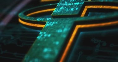 Bağlı sabit para zinciri kripto para birimi ve USDT dijital para renklendirme sembolü konsepti. Ağ, siber teknoloji ve bilgisayar arkaplanı soyut 3d canlandırması.