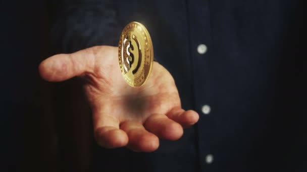 Криптовалюта Usdc Usd Coin Stablecoin Вращающаяся Трехмерная Монета Колеблется Над — стоковое видео