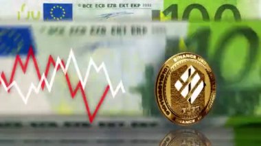 Binance BUSD stablecoin cryptocurrency golden coin over 100 Euro banknotes. Eur note counting and chart line on background. Loopable and seamless 3d abstract concept.