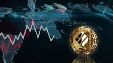 Binance BUSD stablecoin cryptocurrency golden coin turning over the chart. Price trend graph with growing and falling line. Online payment and transaction 3d abstract concept. Loopable and seamless.
