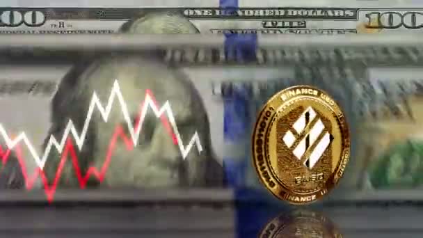 Binance Busd Stablecoin Cryptocurrency Golden Coin 100 Dollar Banknotes Note — Vídeo de Stock