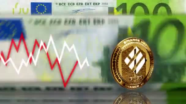 Binance Busd Stablecoin Cryptocurrency Golden Coin 100 Euro Banknotes Eur — Vídeo de Stock