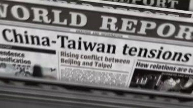China and Taiwan tensions, conflict and crisis daily newspaper report printing. Abstract concept retro 3d rendering seamless looped.