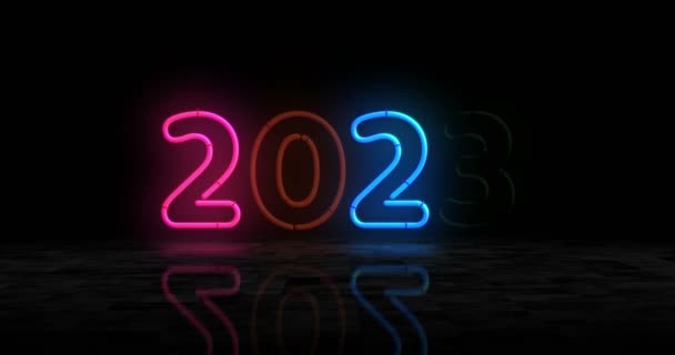 2023 Year Symbol Neon Glowing Symbol Light Color Bulbs Sign — ストック動画