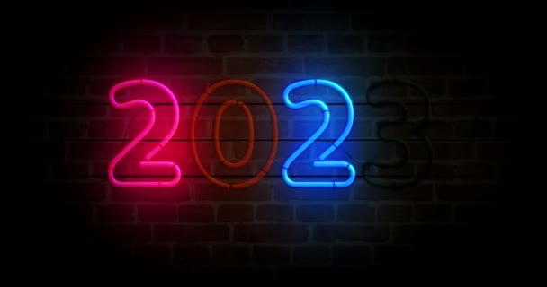 2023 Год Неоновый Символ Кирпичной Стене Лампочки Светлые Мультипликационная Бесшовная — стоковое видео