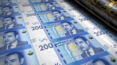 Moroccan Dirham money printing 3d illustration. MAD banknote print. Concept of finance, cash, economy crisis, business success, recession, bank, tax and debt in Morocco.