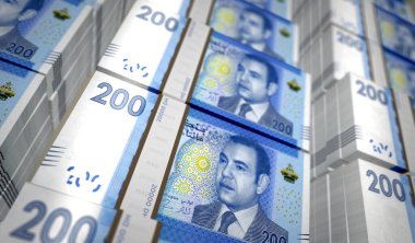 Morocco money Moroccan Dirham money pack 3d illustration. MAD banknote bundle stacks. Concept of finance, cash, economy crisis, business success, recession, bank, tax and debt.
