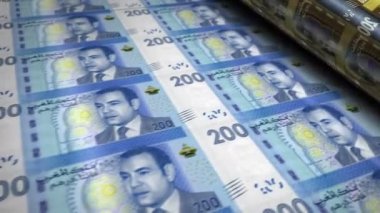 Morocco money Moroccan Dirham money banknotes printing roll machine loop. Paper MAD bank note print 3d looping seamless. Abstract concept of banking, debt, finance, economy and crisis.
