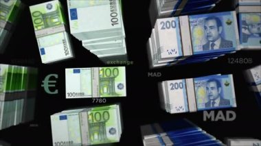 Euro and Morocco Dirham money exchange. Paper banknotes pack bundle. Concept of trade, economy, competition, crisis, banking and finance. Notes loopable seamless 3d animation.