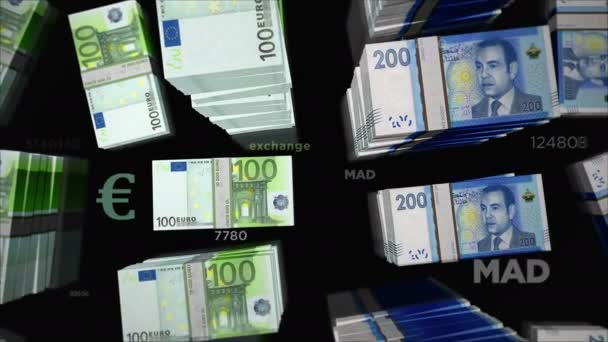 Ευρώ Και Μαρόκο Dirham Ανταλλαγή Νομισμάτων Πακέτο Χαρτονομισμάτων Έννοια Του — Αρχείο Βίντεο