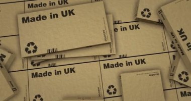 Made in UK box production line. Manufacturing and delivery. Product factory, import and export. Abstract background concept 3d rendering animation.