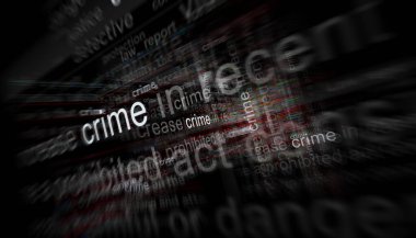 Headline news across international media with Crime, lawlessness and criminal. Abstract concept of news titles on noise displays. TV glitch effect 3d illustration.