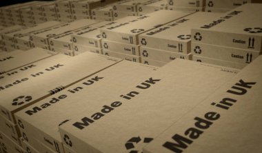 Made in UK box production line. Manufacturing and delivery. Product factory, import and export. Abstract concept 3d rendering illustration.