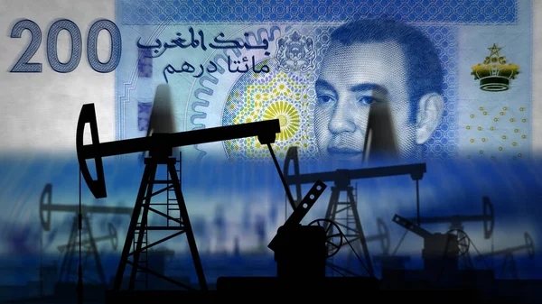 Morocco Dirham money counting machine with oil pump. Petroleum rig and fuel energy business with MAD banknotes count. Economy abstract concept background illustration.