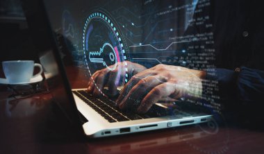 Cyber security and password safety with Key symbol and man typing computer keyboard. Hands on laptop. Network, cyber technology background abstract concept 3d illustration.