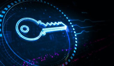 Cyber security and password safety with Key symbol digital concept. Network, cyber technology and computer background abstract 3d illustration.